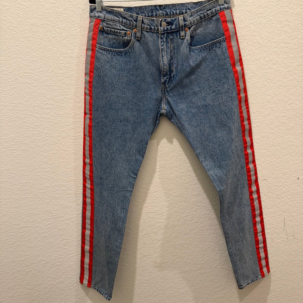Levis Premium 512 Slim Taper Jeans Mens 34x32 Blue Reflective Red Side Stripe